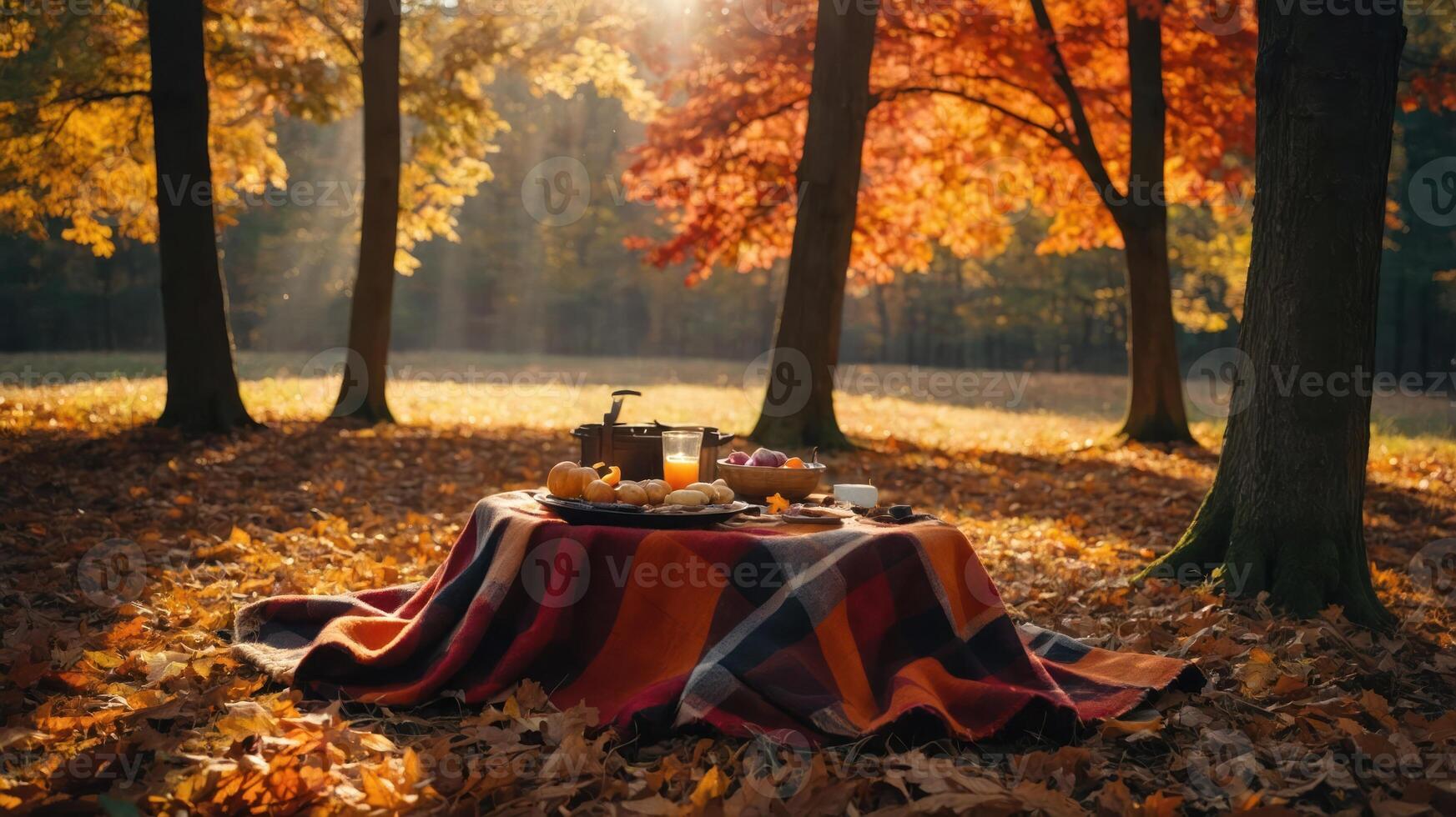 Autumn Picnic in Forest with Blanket Covered Table and Food Items photo