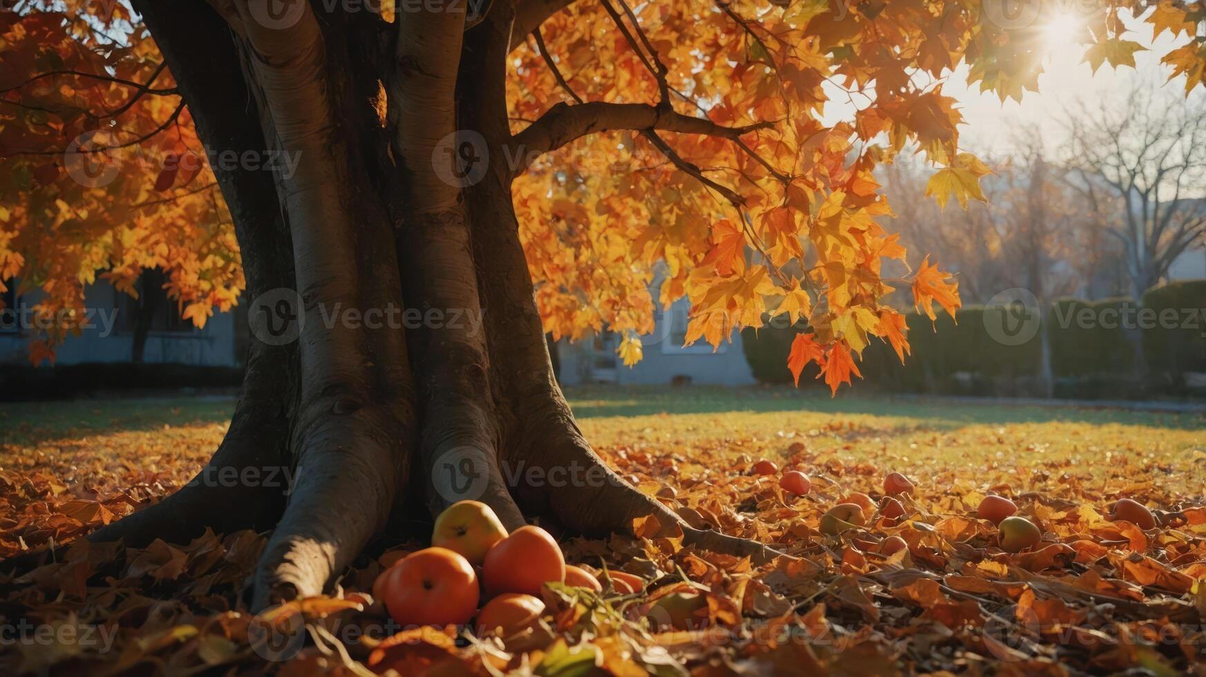Gathered Apples Underneath a Maple Tree with Fallen Autumn Leaves photo