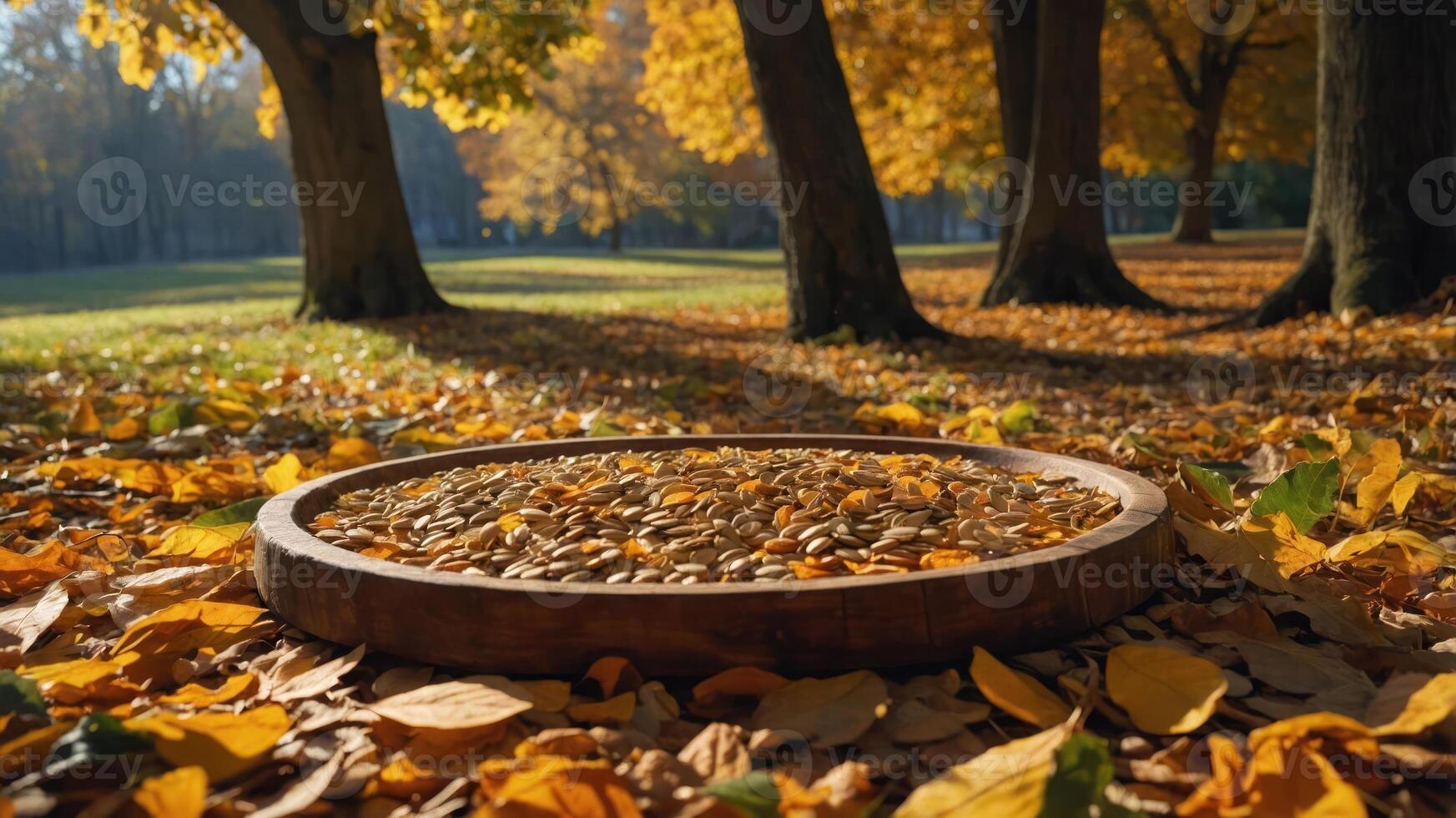 Pumpkin Seed Display in Autumn Forest Landscape with Falling Leaves photo