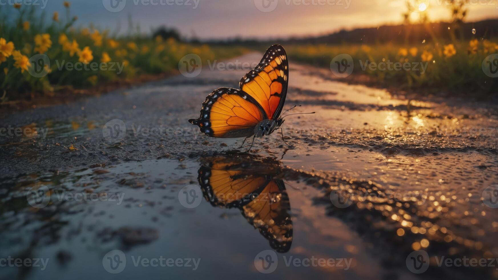 Butterfly Reflecting in Puddle on Path During Sunset with Flowers photo