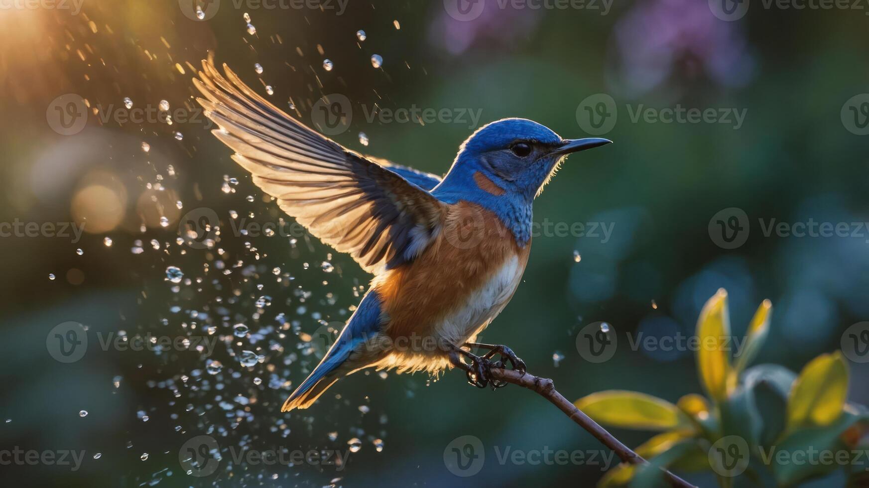 Bird Spreading Wings on Branch Under Water Droplets in Sunlight photo
