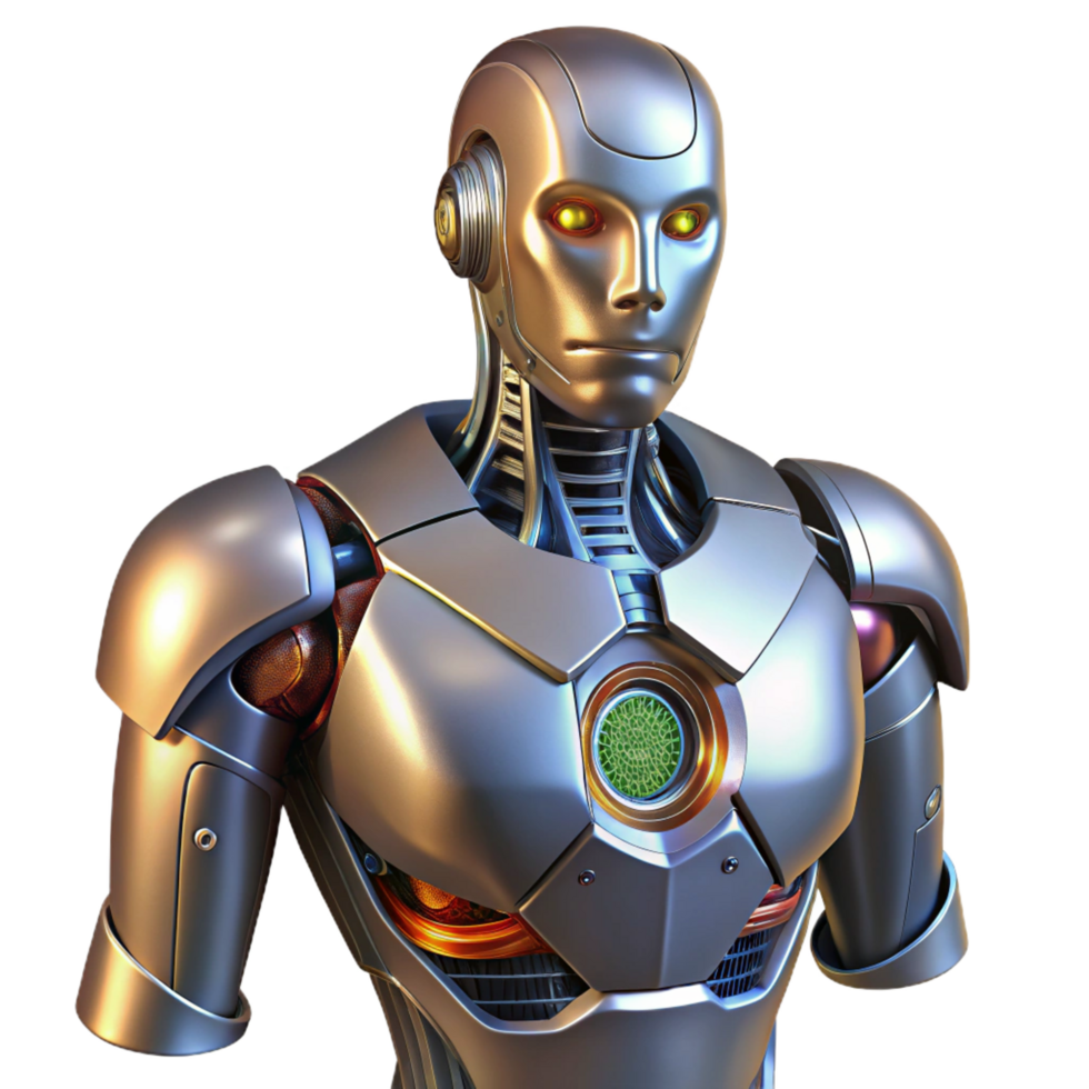 celebrated mid-century Robot torso, metallic chest, exposed circuitry. NO BACKGROUND with Transparent Background. sharp png