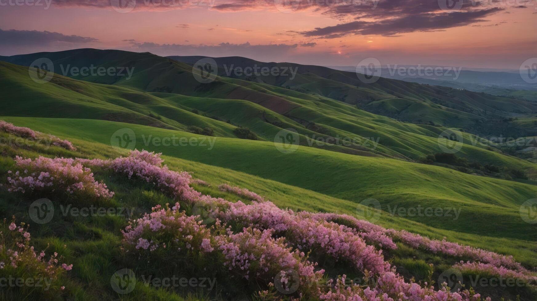 Rolling Green Hills at Sunset with Wildflowers in the Foreground photo