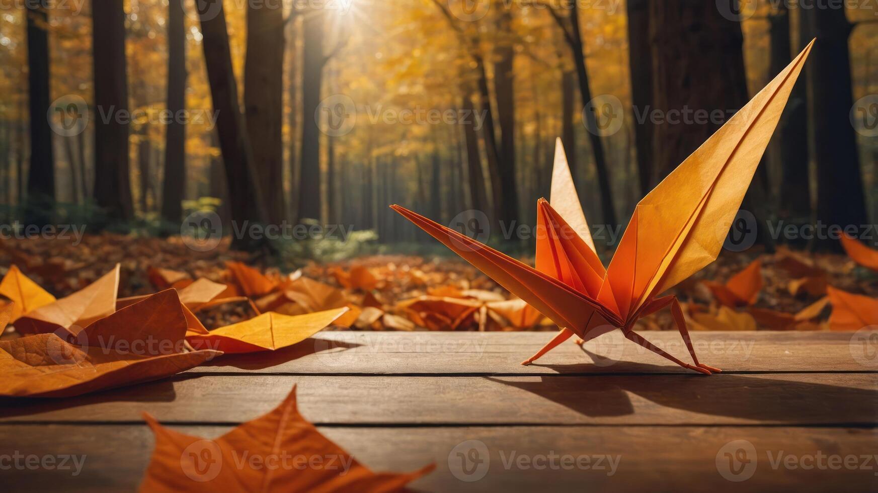Paper Crane on Wooden Surface in Autumn Forest with Sunlight photo