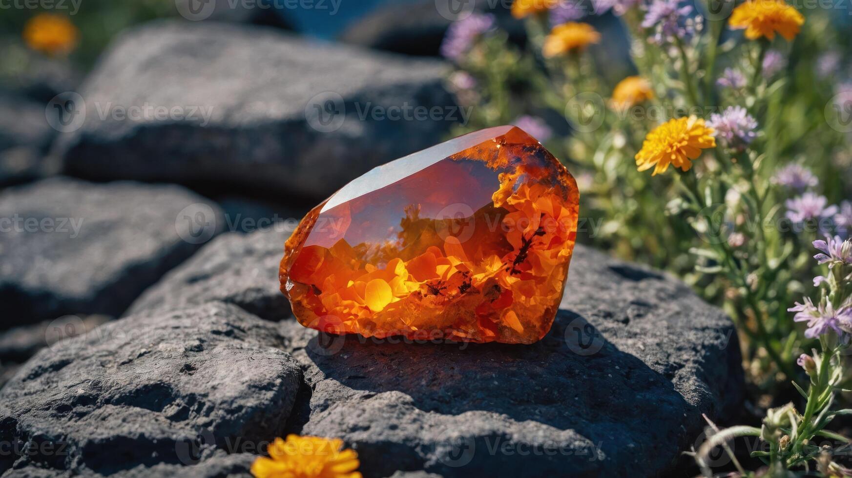 Amber Gemstone Resting on Rocks Surrounded by Wildflowers in Sunlight photo