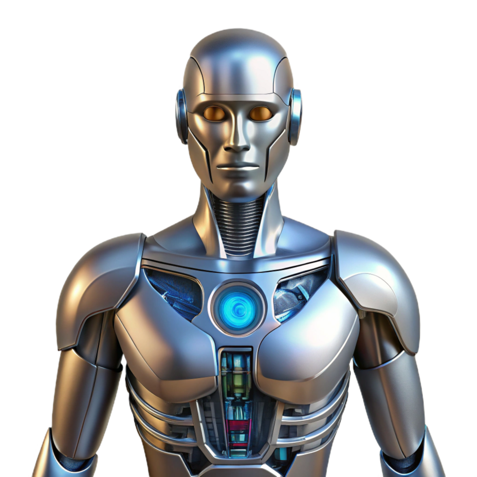 coveted creative Robot torso, metallic chest, exposed circuitry. NO BACKGROUND with Transparent Background. impeccable png