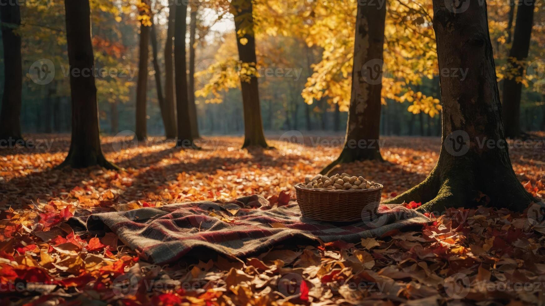 Picnic in Autumn Woods with Blanket and Basket of Fruit photo