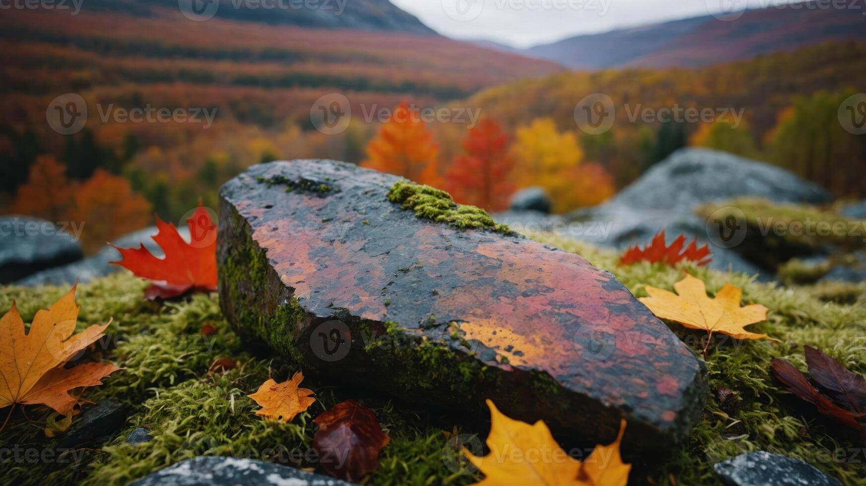 Stone with Moss in Autumn Forest with Fallen Leaves and Color photo