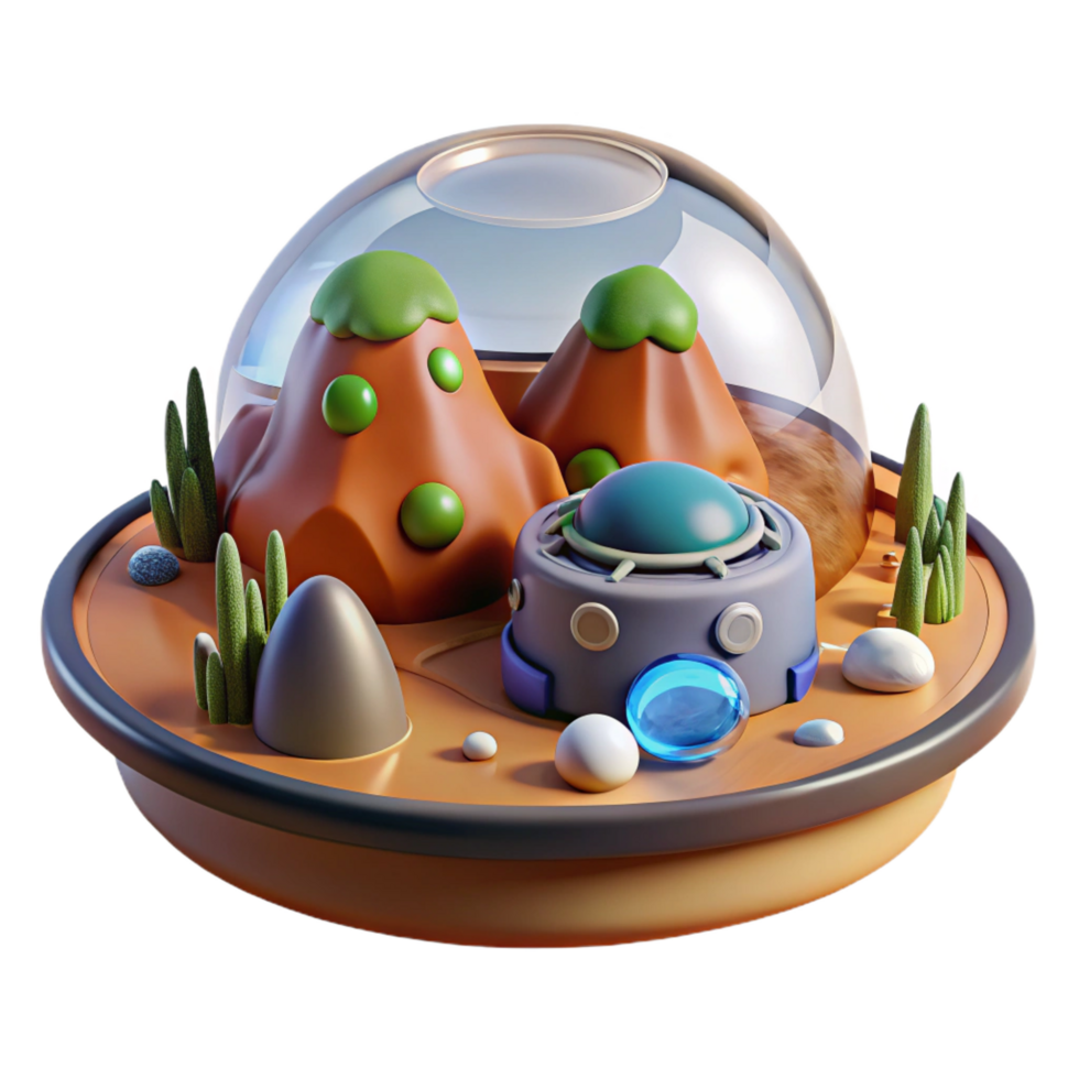 iconic geometric Alien landscape miniature, contained ecosystem, scientific study. NO BACKGROUND with Transparent Background. fine detail png