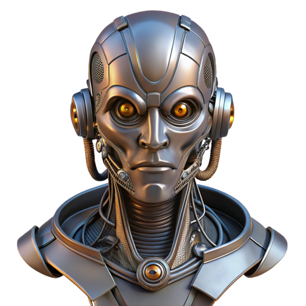 spectacular romantic elegant Cyberpunk robot head, intricate details, metallic, wires, glowing eyes. NO BACKGROUND with Transparent Background. studio quality png