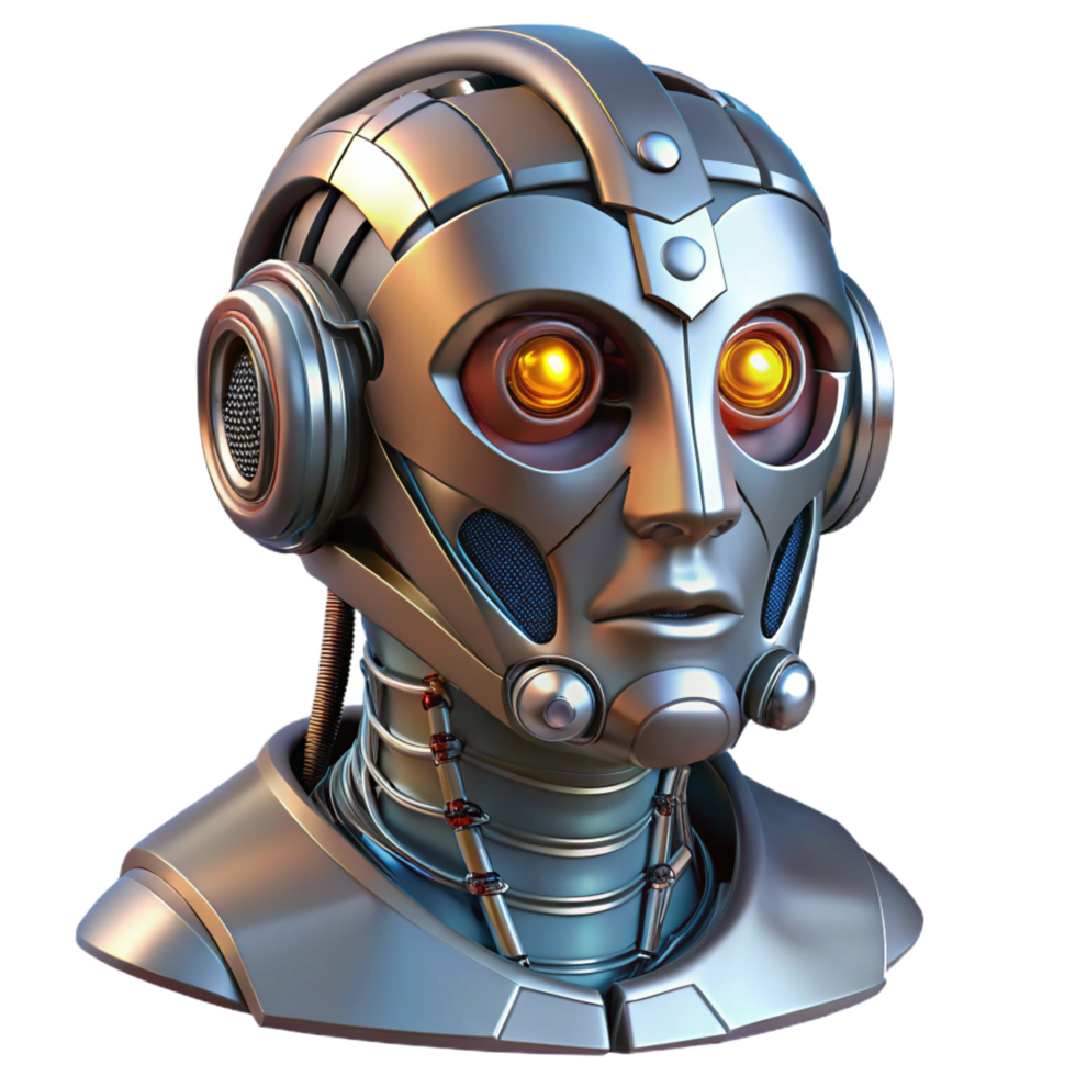 gorgeous avant-garde Cyberpunk robot head, intricate details, metallic, wires, glowing eyes. NO BACKGROUND with Transparent Background. expertly shot png