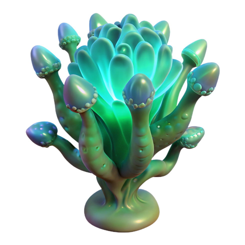 harmonious radiant Alien plant, bioluminescent, strange shape, otherworldly texture. NO BACKGROUND with Transparent Background. gallery standard png