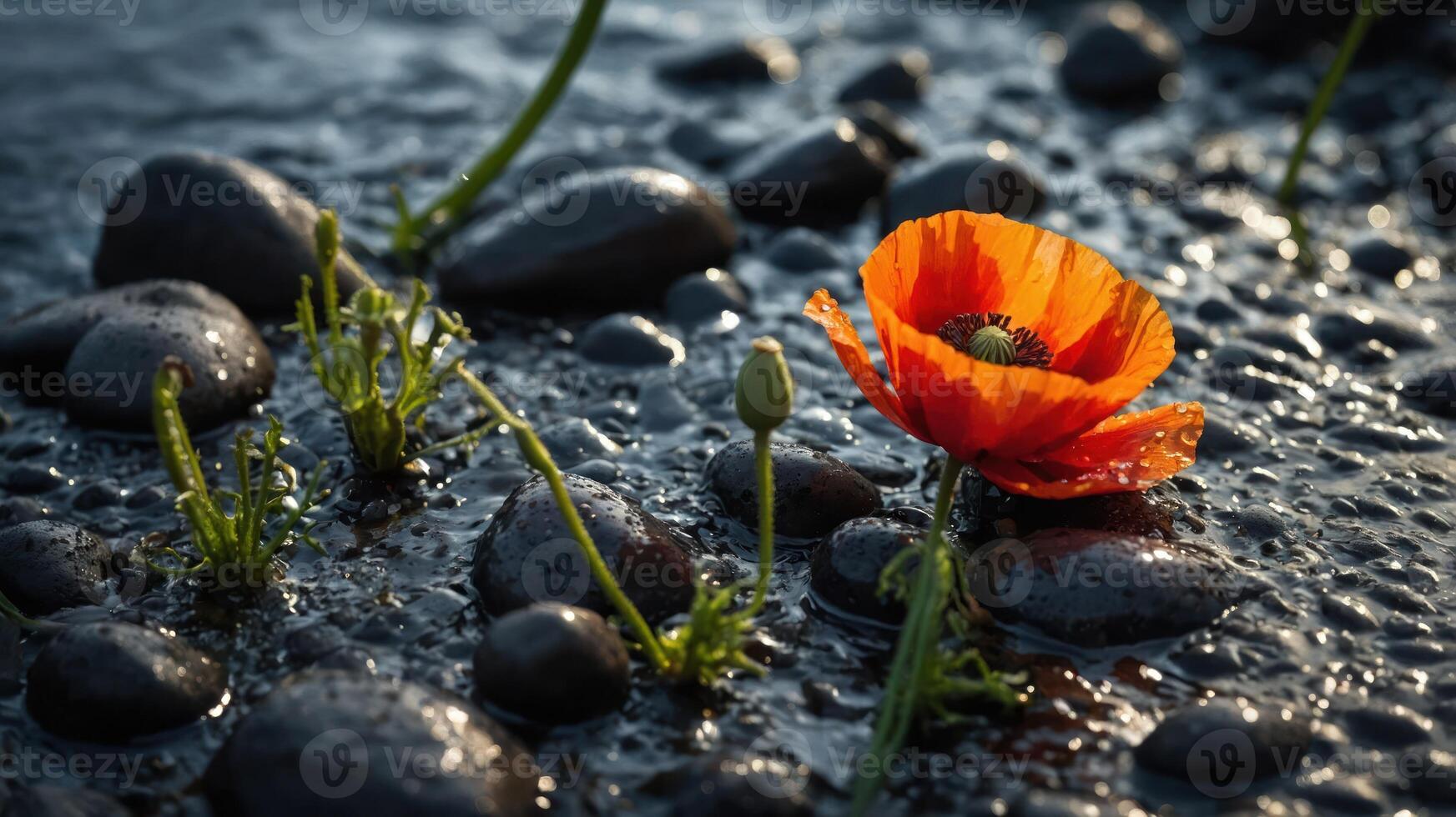 Orange Flower Growing Among Wet Rocks with Small Plant Sprouts photo