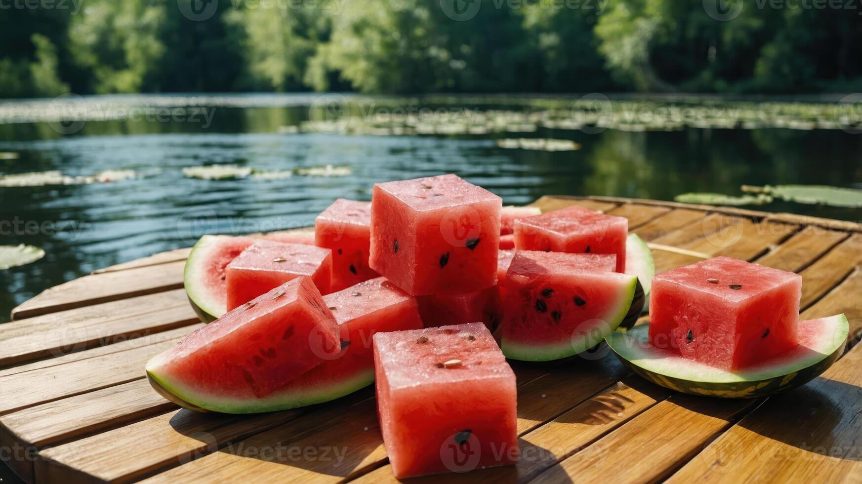 Stacked Cube Watermelon Slices on Wood by Lake for Summer photo