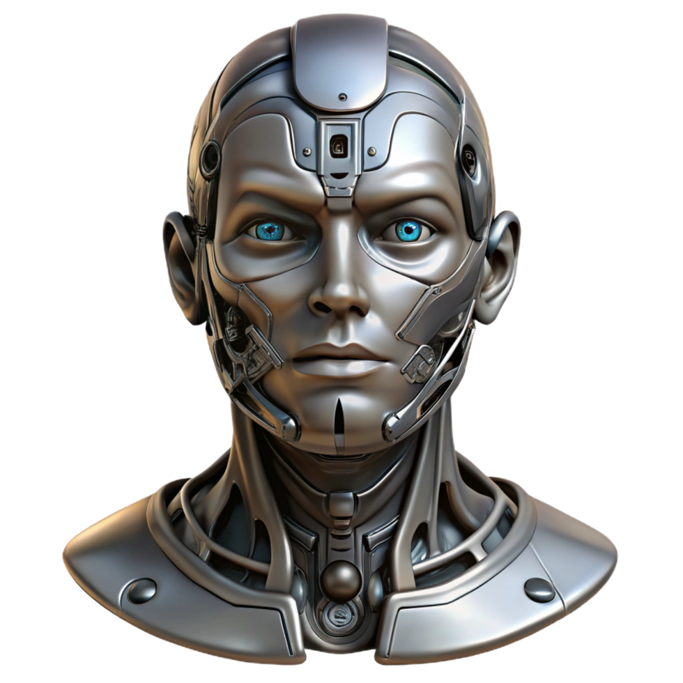 extraordinary rustic Cyborg face, metallic parts, human features, intricate details. NO BACKGROUND with Transparent Background. precision png