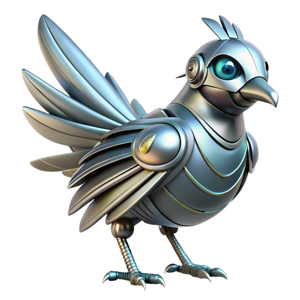 striking harmonious minimalist Robot bird, metallic feathers, futuristic design, advanced AI. NO BACKGROUND with Transparent Background. exclusive png