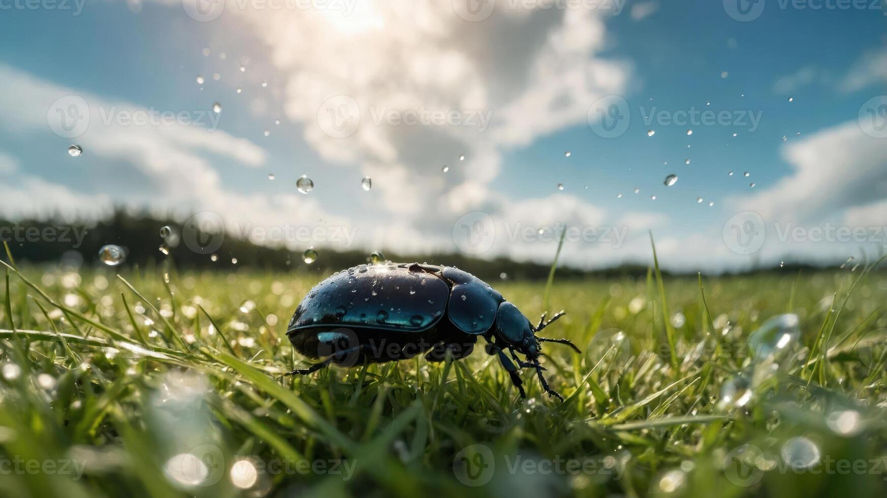 Beetle Walking Through Green Grass with Water Droplets Sparkling photo