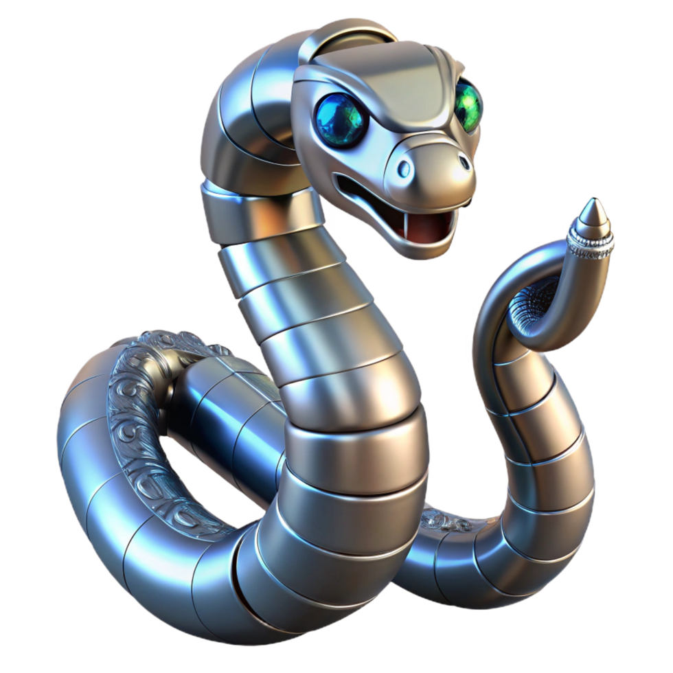 wonderful rare Robot snake, metallic scales, flexible body, advanced sensors. NO BACKGROUND with Transparent Background. png