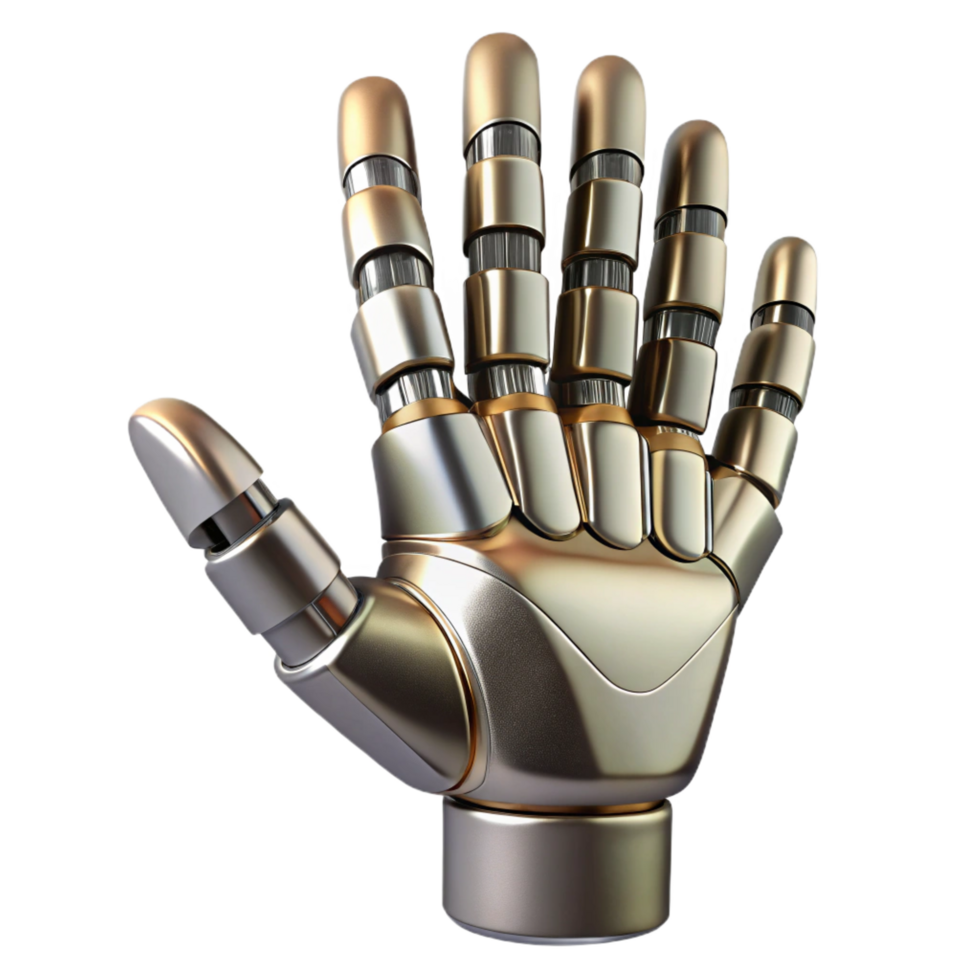 impressive energetic modern Cyborg hand, metallic fingers, human skin, advanced technology. NO BACKGROUND with Transparent Background. museum quality png