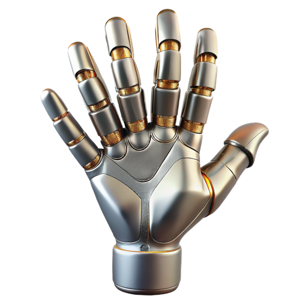 radiant traditional Cyborg hand, metallic fingers, human skin, advanced technology. NO BACKGROUND with Transparent Background. 4K png