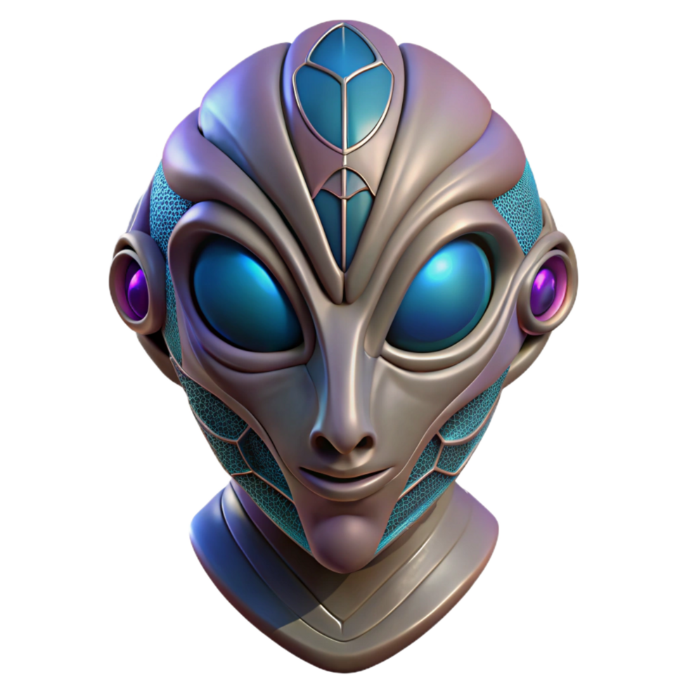 bold captivating Alien mask, tribal design, otherworldly materials, mysterious aura. NO BACKGROUND with Transparent Background. crisp png