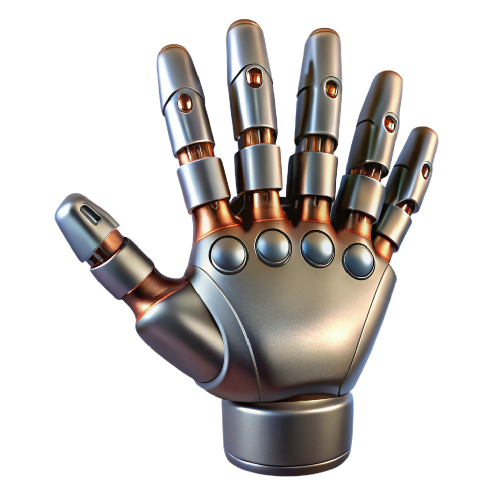 dramatic impressive Cyborg hand, metallic fingers, human skin, advanced technology. NO BACKGROUND with Transparent Background. 4K png