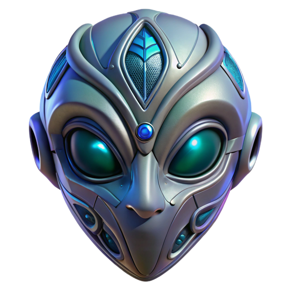 dramatic art deco Alien mask, tribal design, otherworldly materials, mysterious aura. NO BACKGROUND with Transparent Background. genuine png