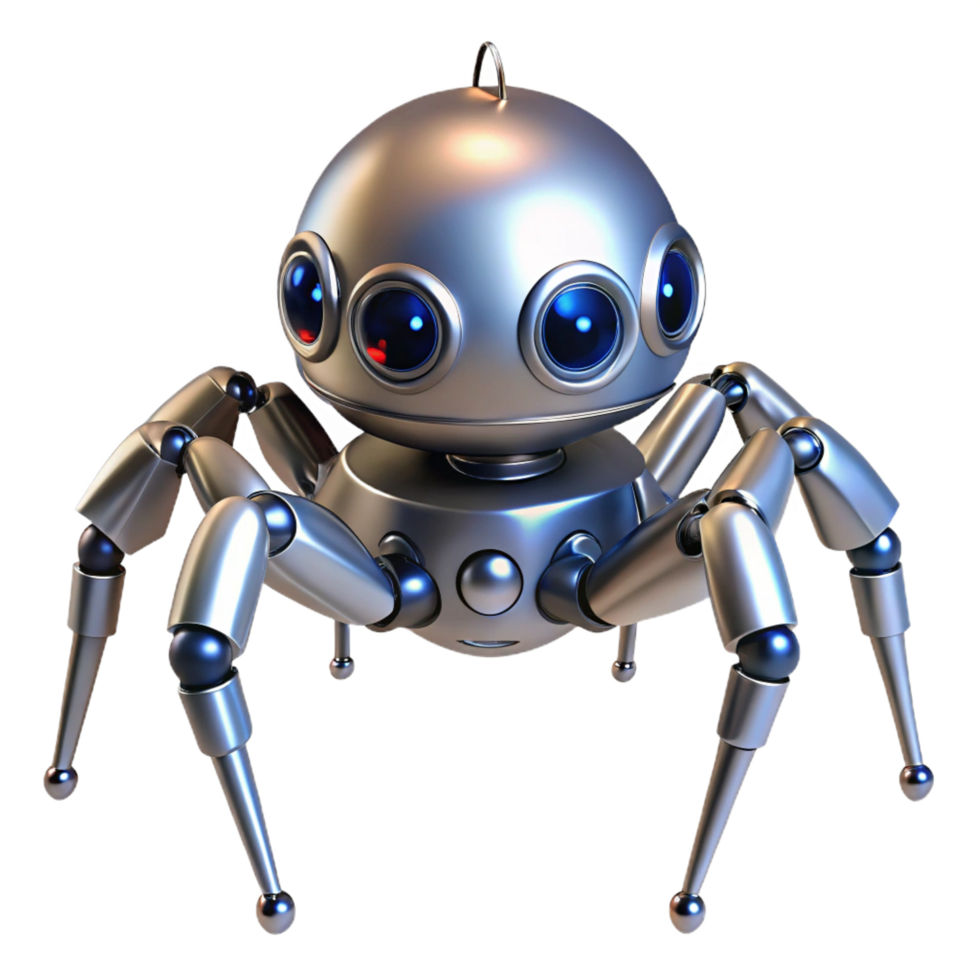 sumptuous mysterious industrial Robot spider, metallic legs, multiple eyes, advanced sensors. NO BACKGROUND with Transparent Background. genuine png