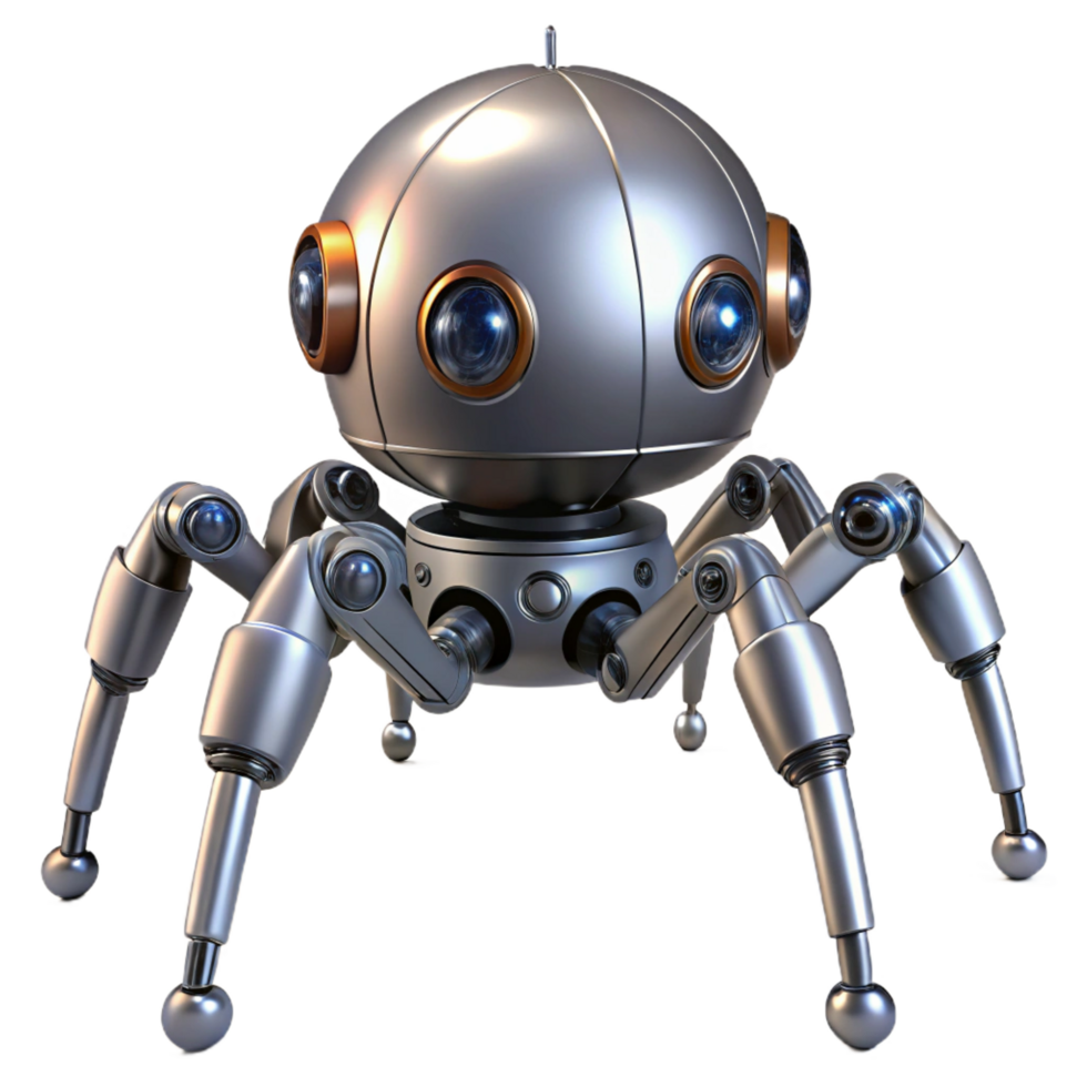 romantic immaculate Robot spider, metallic legs, multiple eyes, advanced sensors. NO BACKGROUND with Transparent Background. flawless png