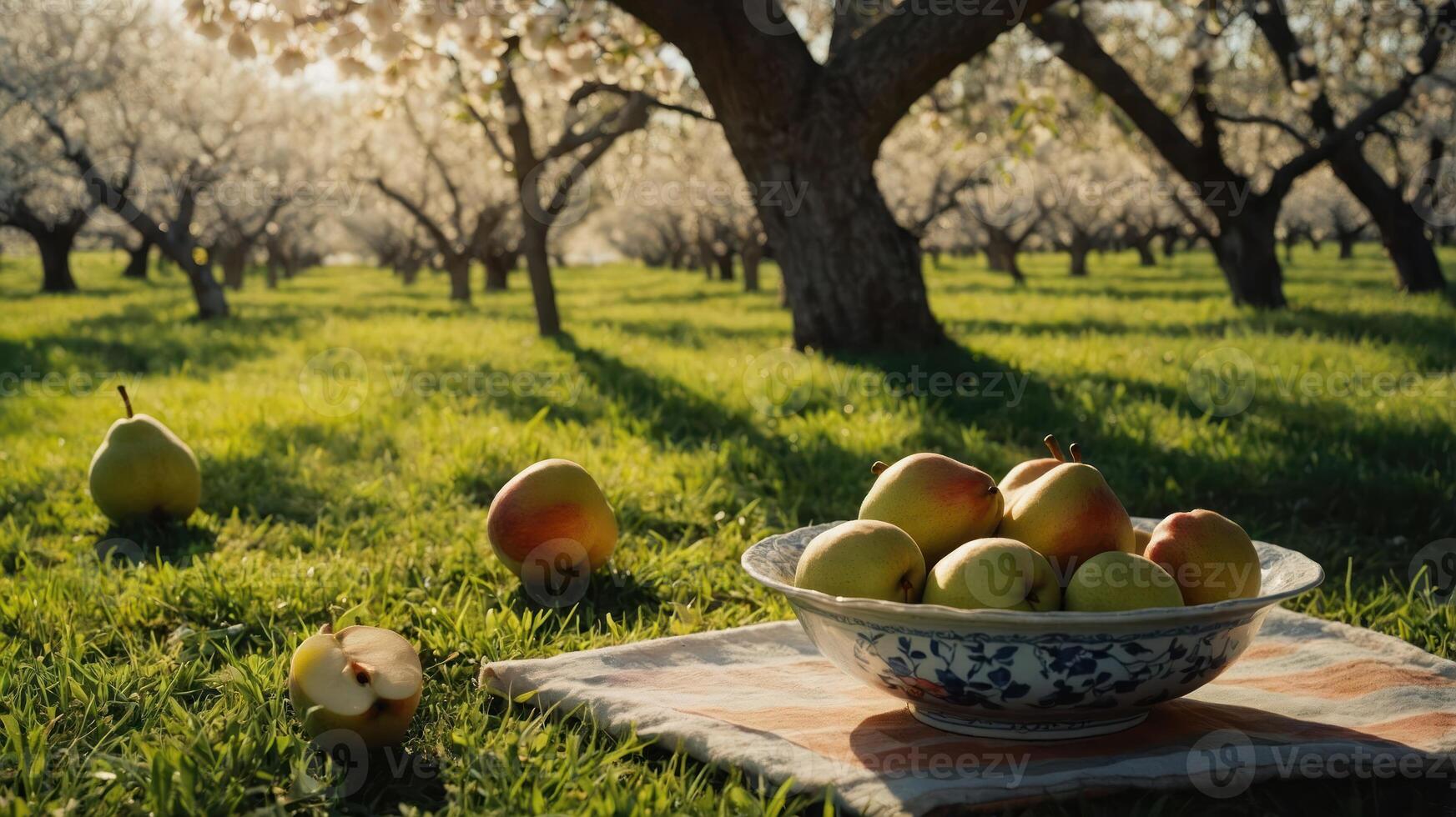 Pears in a Bowl on a Blanket in Blooming Orchard photo