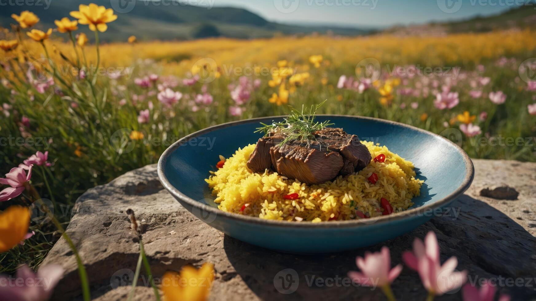 Serving of Yellow Rice with Meat on a Field of Flowers photo