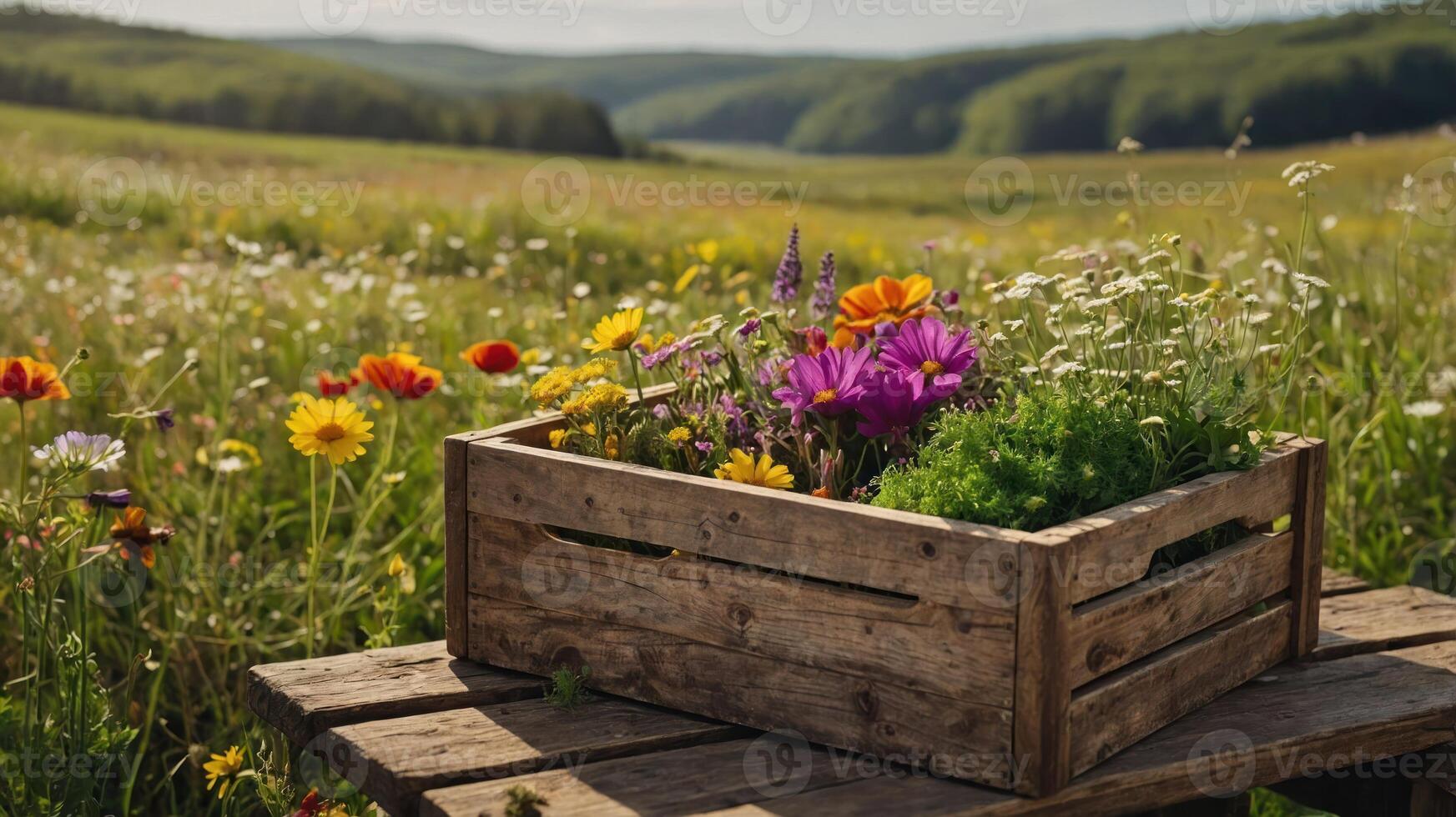 Colorful Flowers Growing in Wooden Crate on Table in Meadow photo