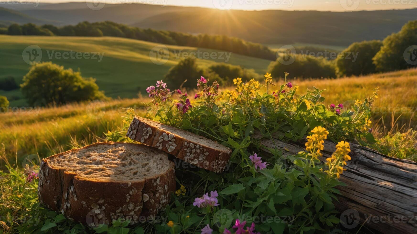 Slices of Bread with Flowers on Log in Golden Field photo