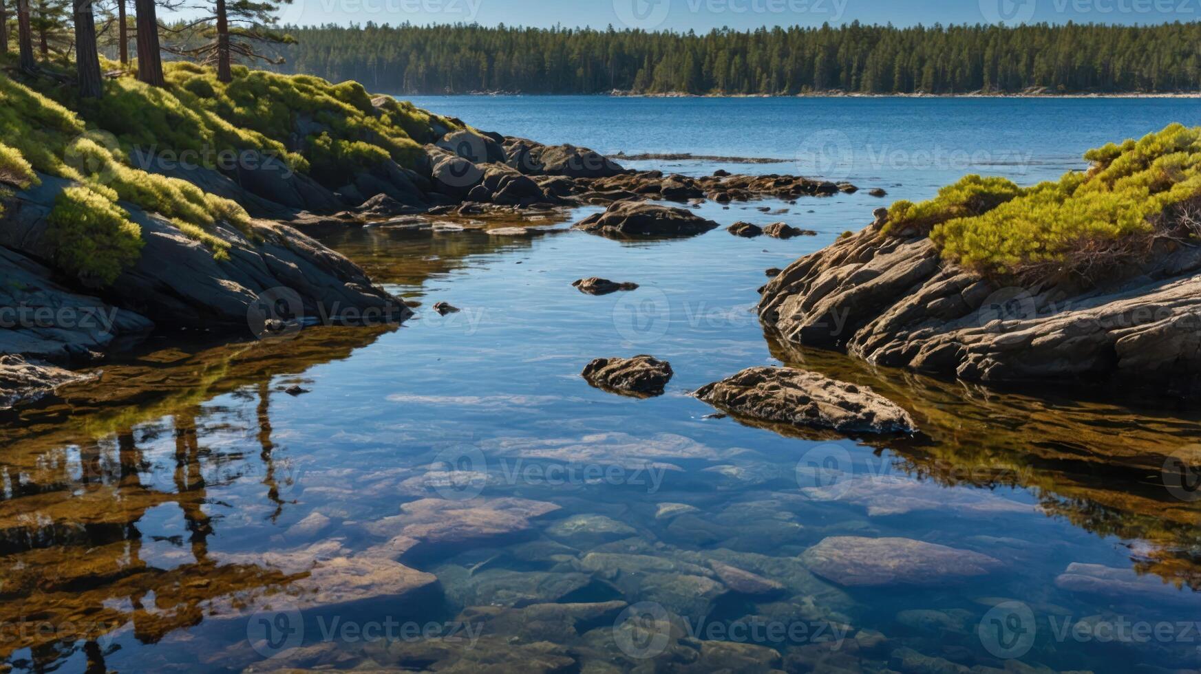Calm Lake Shore with Clear Water, Rocks, and Evergreen Trees photo