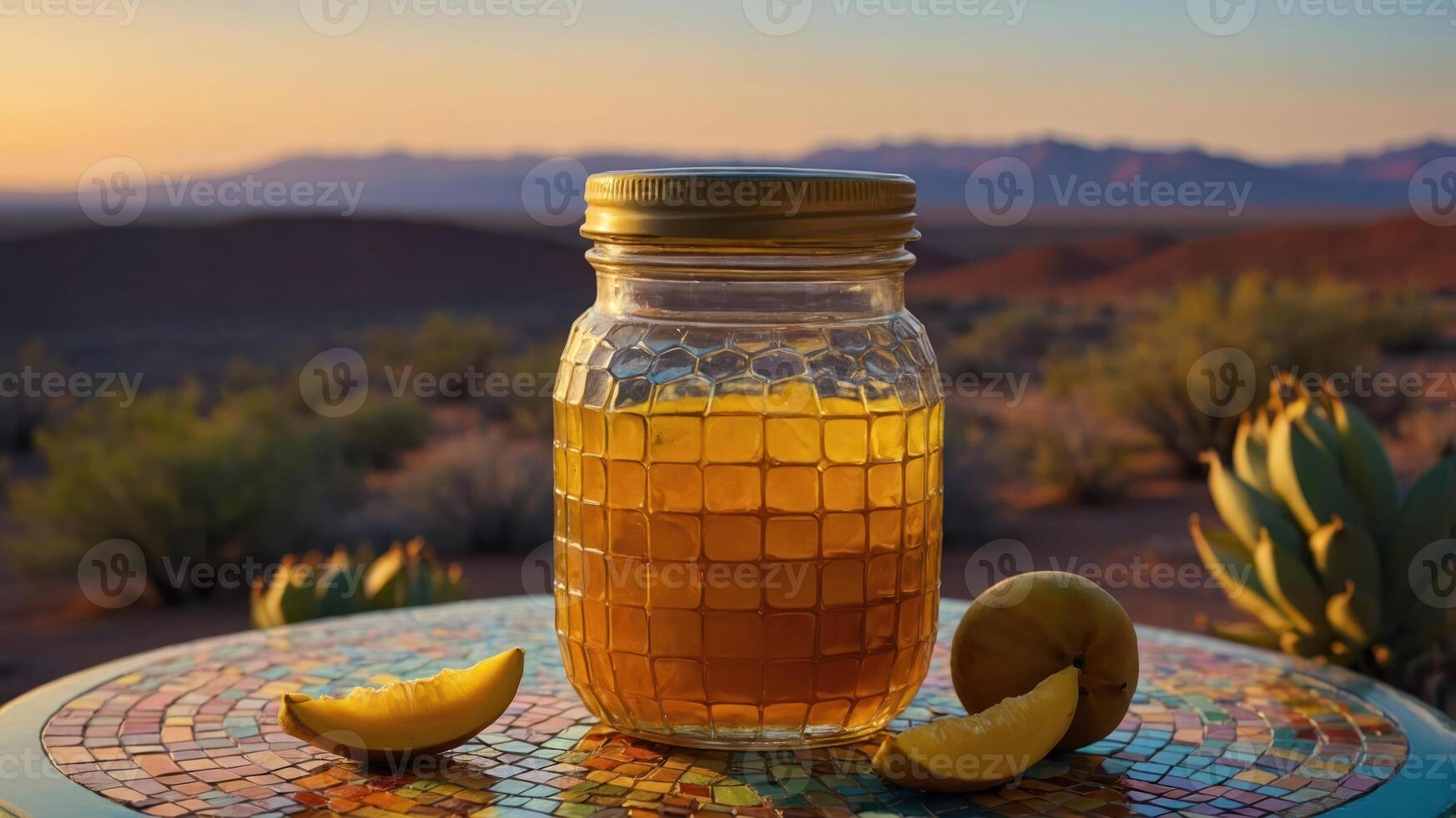 Jar of Honey with Lemon Slices on Table in Desert Landscape photo