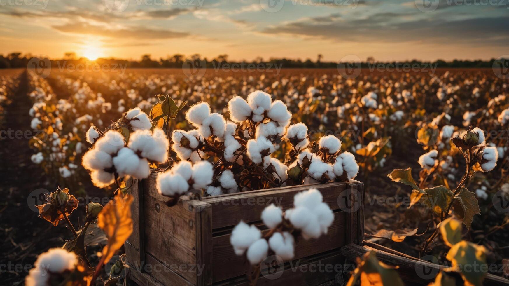 Cotton Field Harvest at Sunset with Wooden Crate and Warm Light photo