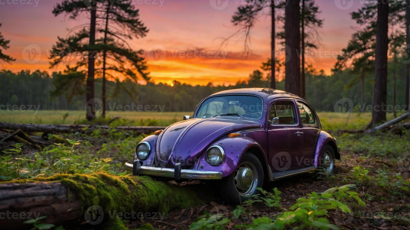 Purple Car Resting in Forest at Sunset with Mossy Log photo