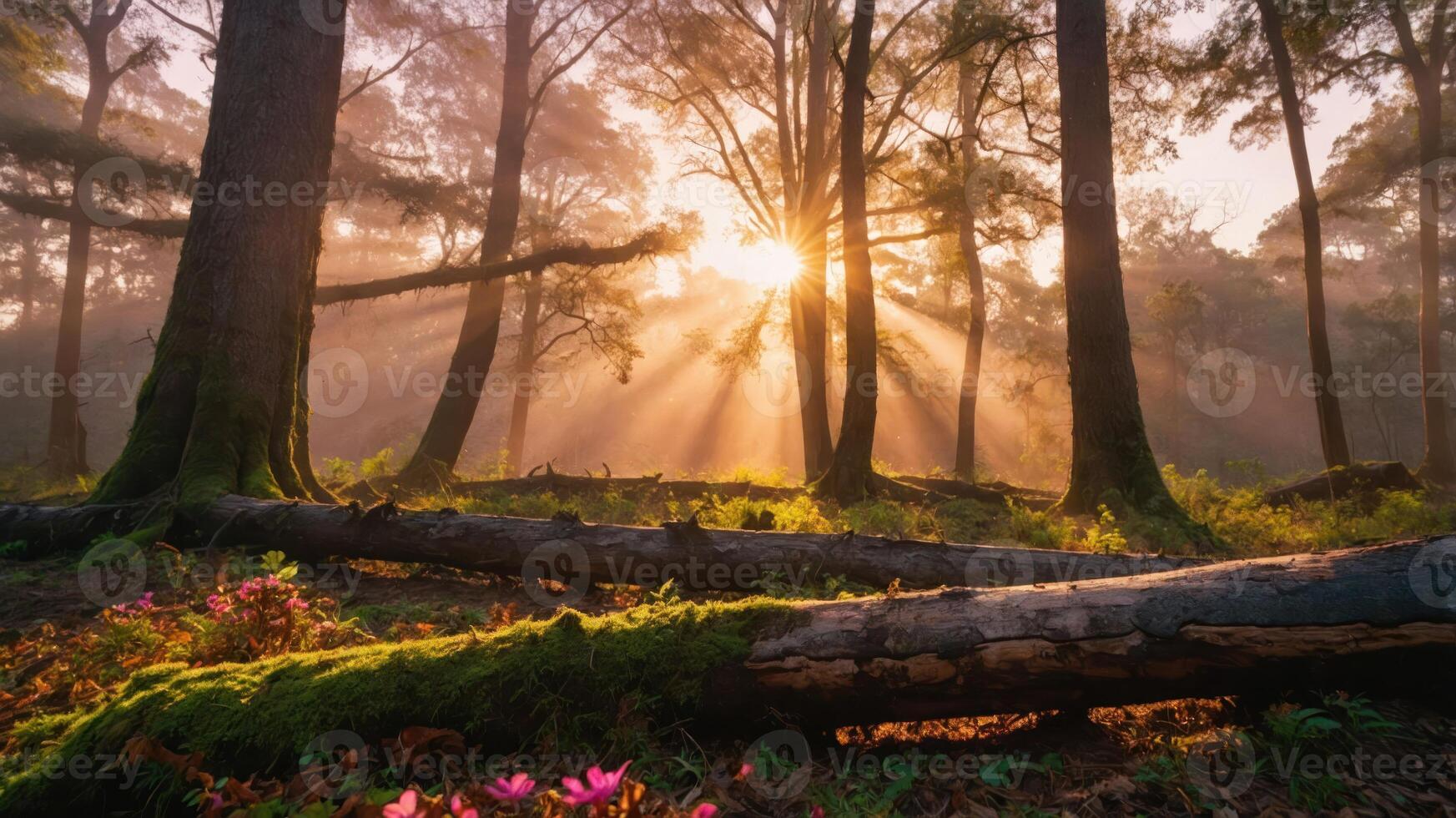 Sun Rays Shining Through Misty Forest with Mossy Log Landscape photo