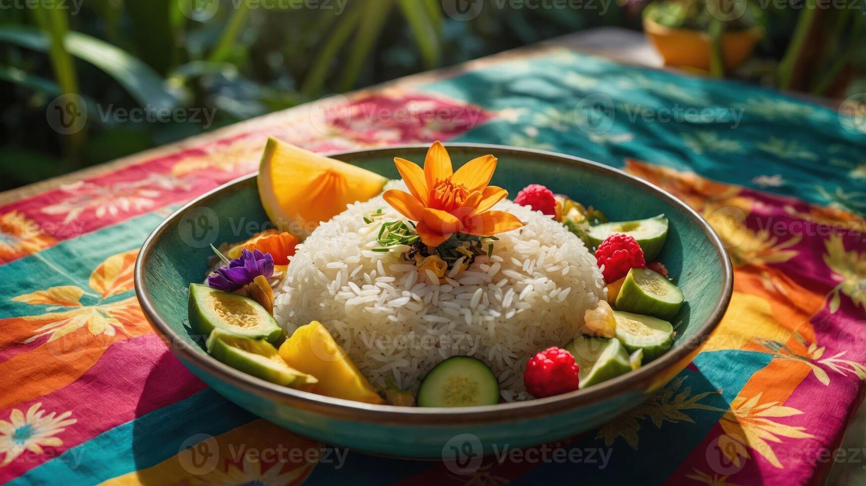Rice Bowl Presentation with Fruit and Floral Garnishes on Patterned Table photo