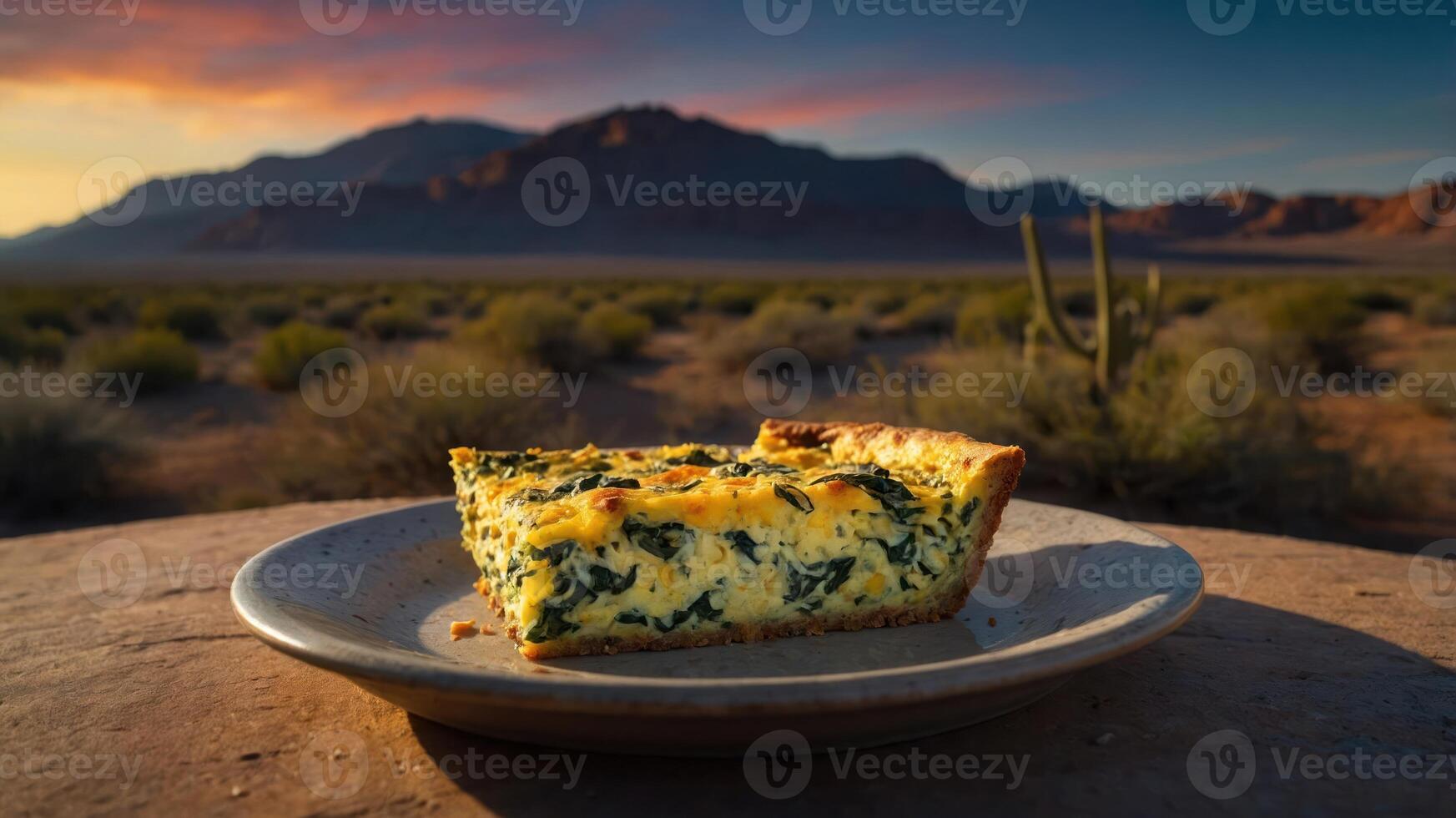 Spinach Quiche Slice on Plate with Desert Mountain Backdrop photo