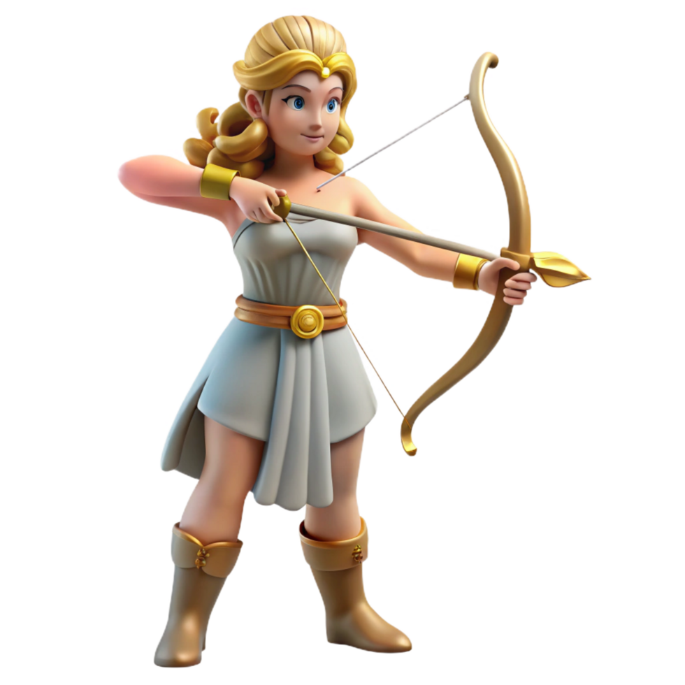 pristine retro Artemis, Goddess of the Hunt, with bow and arrow, NO BACKGROUND with Transparent Background. top-tier png