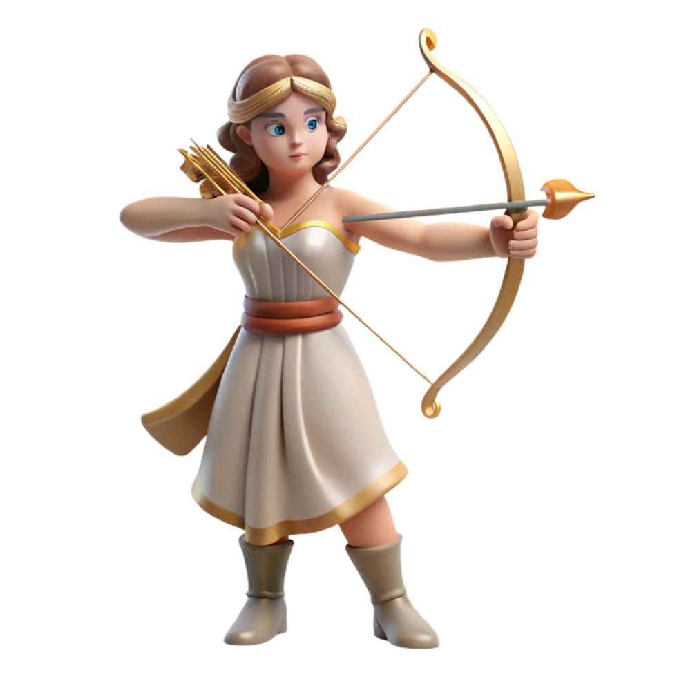 stunning joyful coastal Artemis, Goddess of the Hunt, with bow and arrow, NO BACKGROUND with Transparent Background. perfect clarity png
