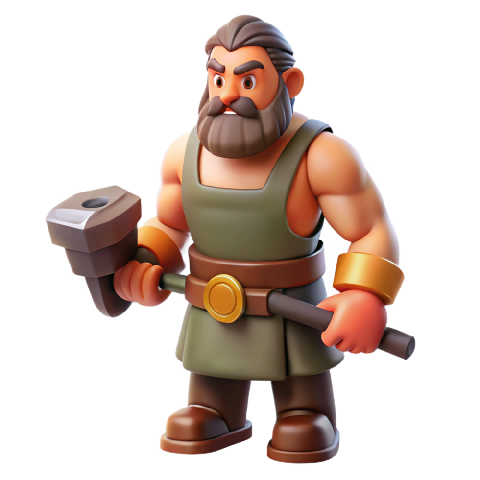 wonderful remarkable Hephaestus, God of the Forge, holding hammer, NO BACKGROUND with Transparent Background. png