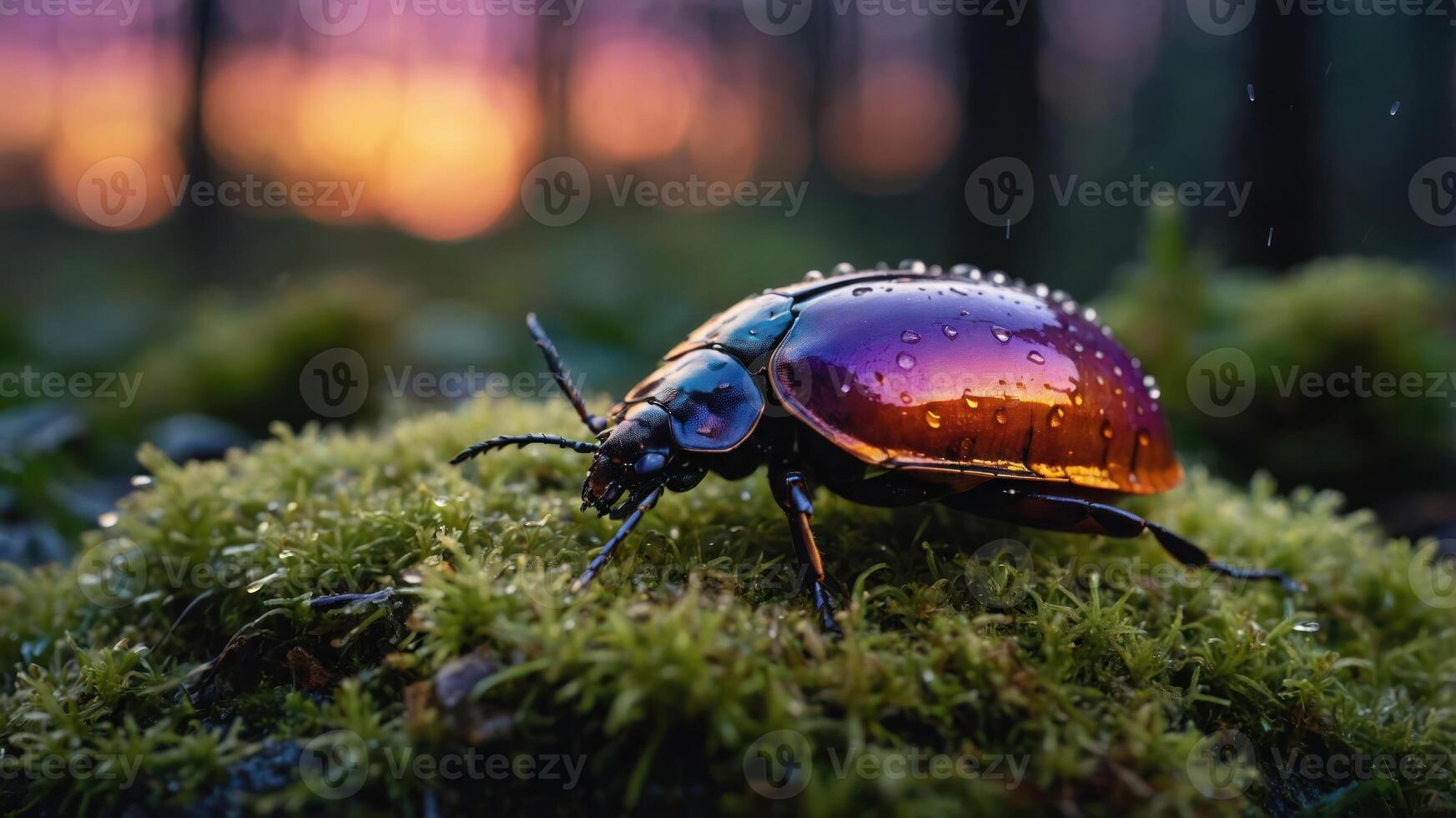 Close-up of Beetle Crawling on Mossy Ground at Sunset in Forest photo