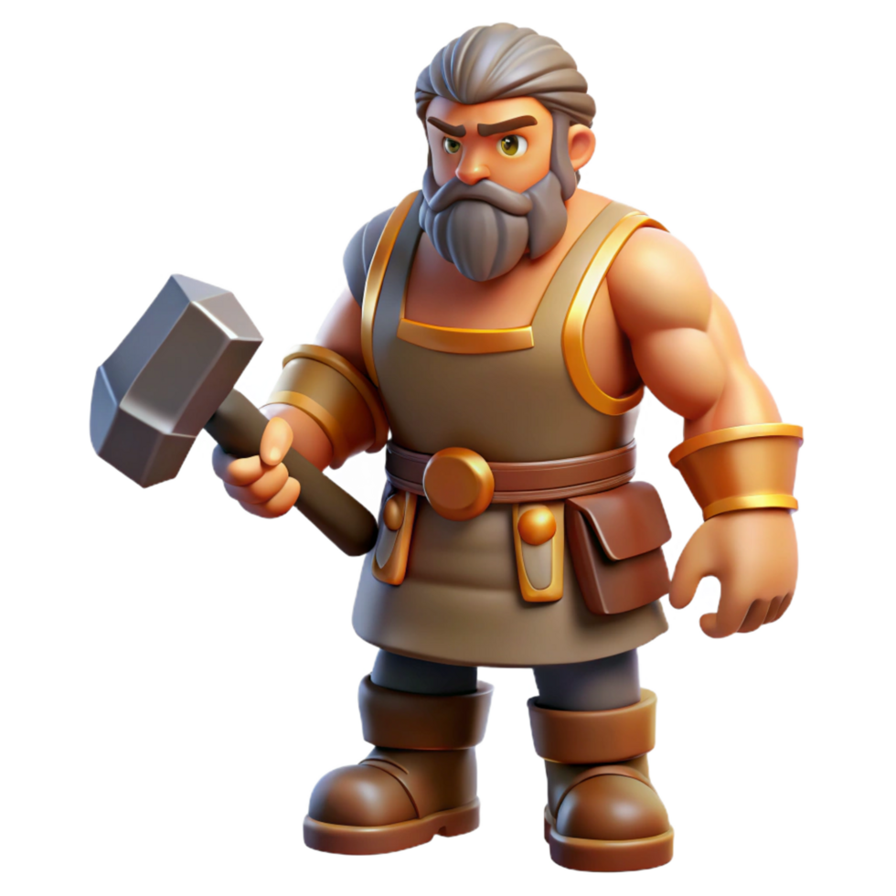 unparalleled avant-garde Hephaestus, God of the Forge, holding hammer, NO BACKGROUND with Transparent Background. artisan png