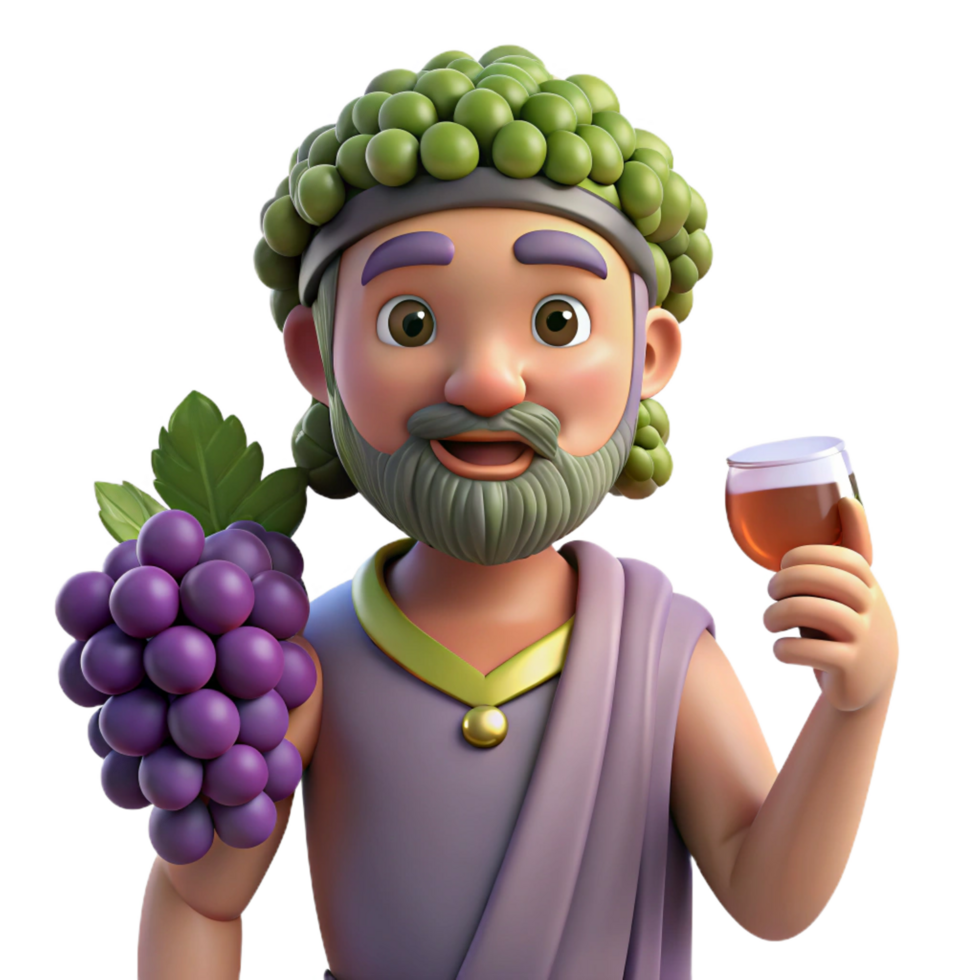 vibrant dreamy nordic Dionysus, God of Wine, holding grapes, NO BACKGROUND with Transparent Background. studio quality png