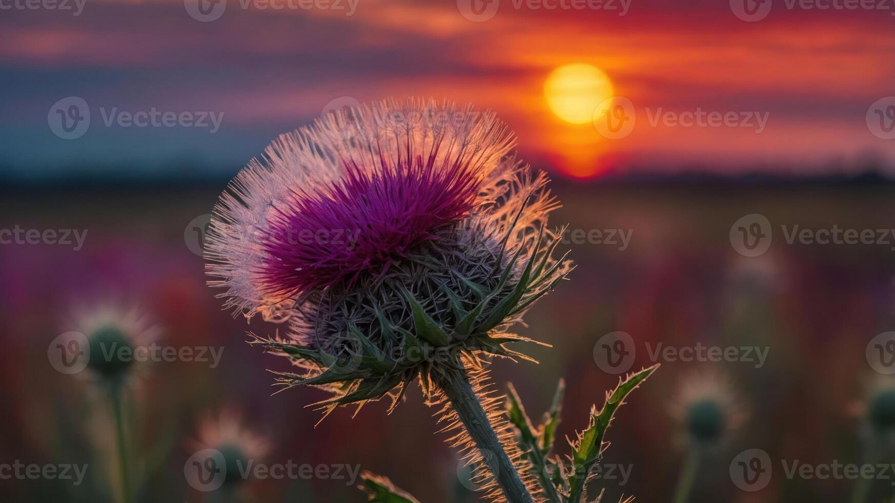 Purple Thistle Flower Blooming at Sunset in a Warm Field photo
