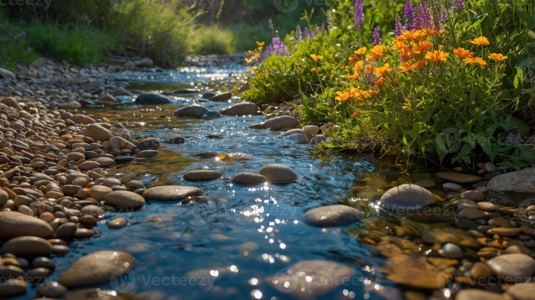 Flowing Stream with Rocks and Wildflowers in Natural Setting photo