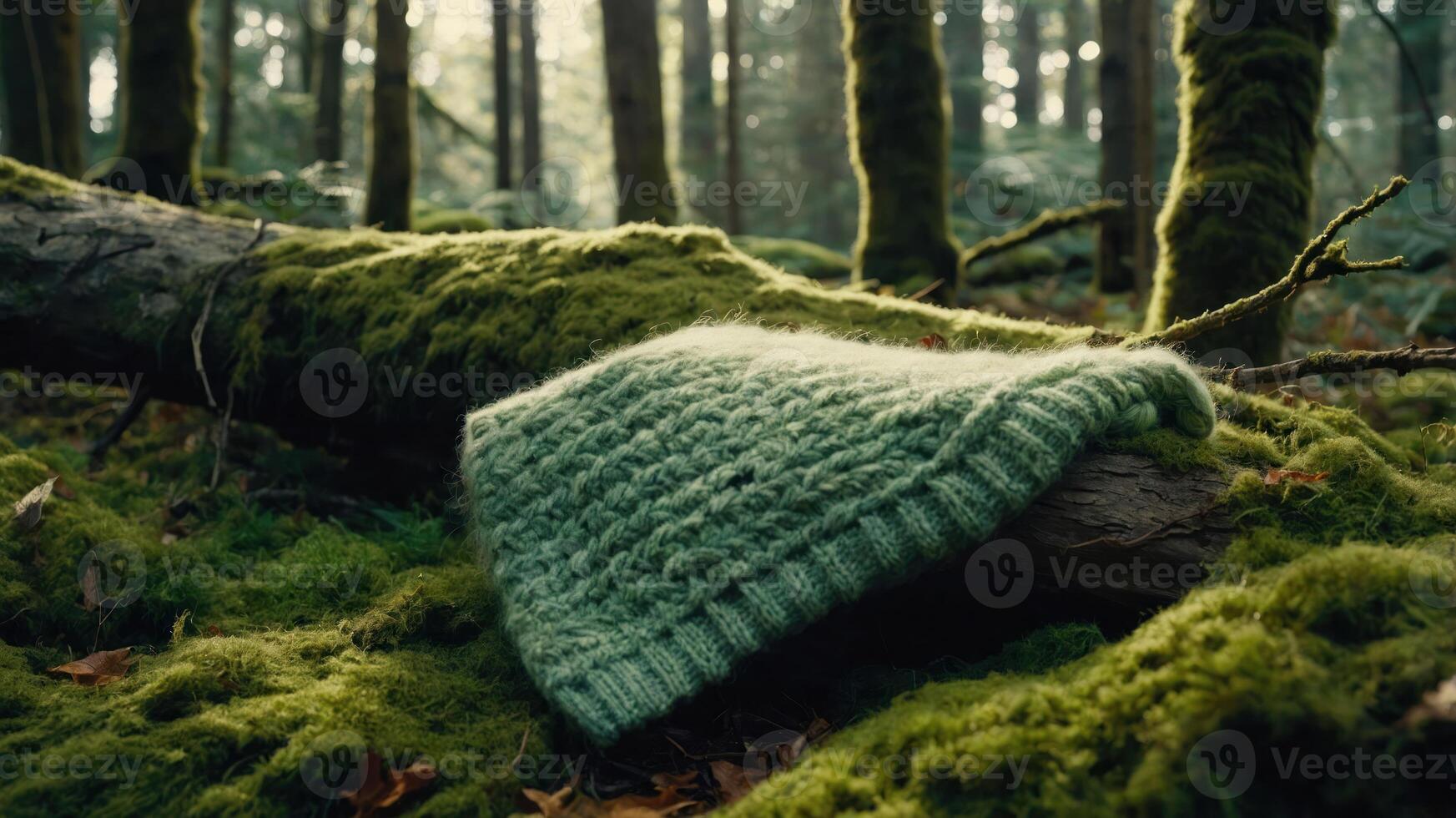 Knit Hat Resting on Mossy Log in a Peaceful Forest Setting photo