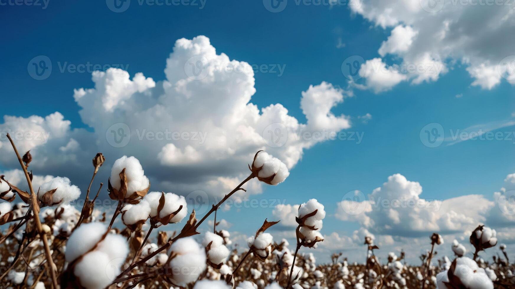 Cotton Field Under a Bright Blue Sky with White Clouds photo